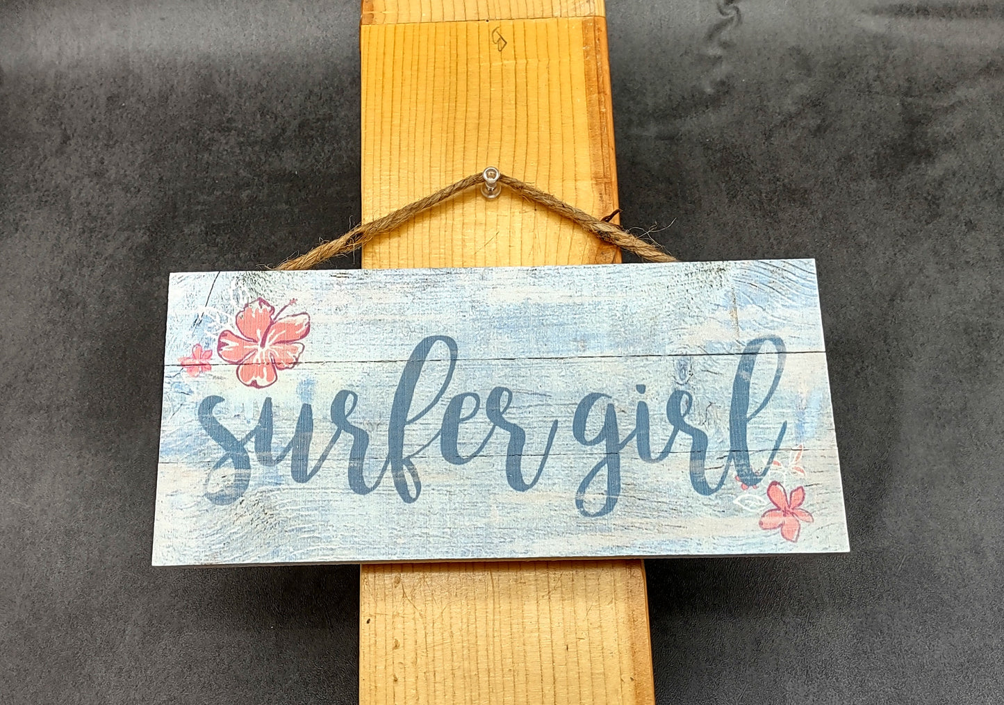 Beach Sign Surfer Girl Weathered Painted Wood (1 sign approx. 10 inches long) Friendly sign for coastal home entryway wall decoration!