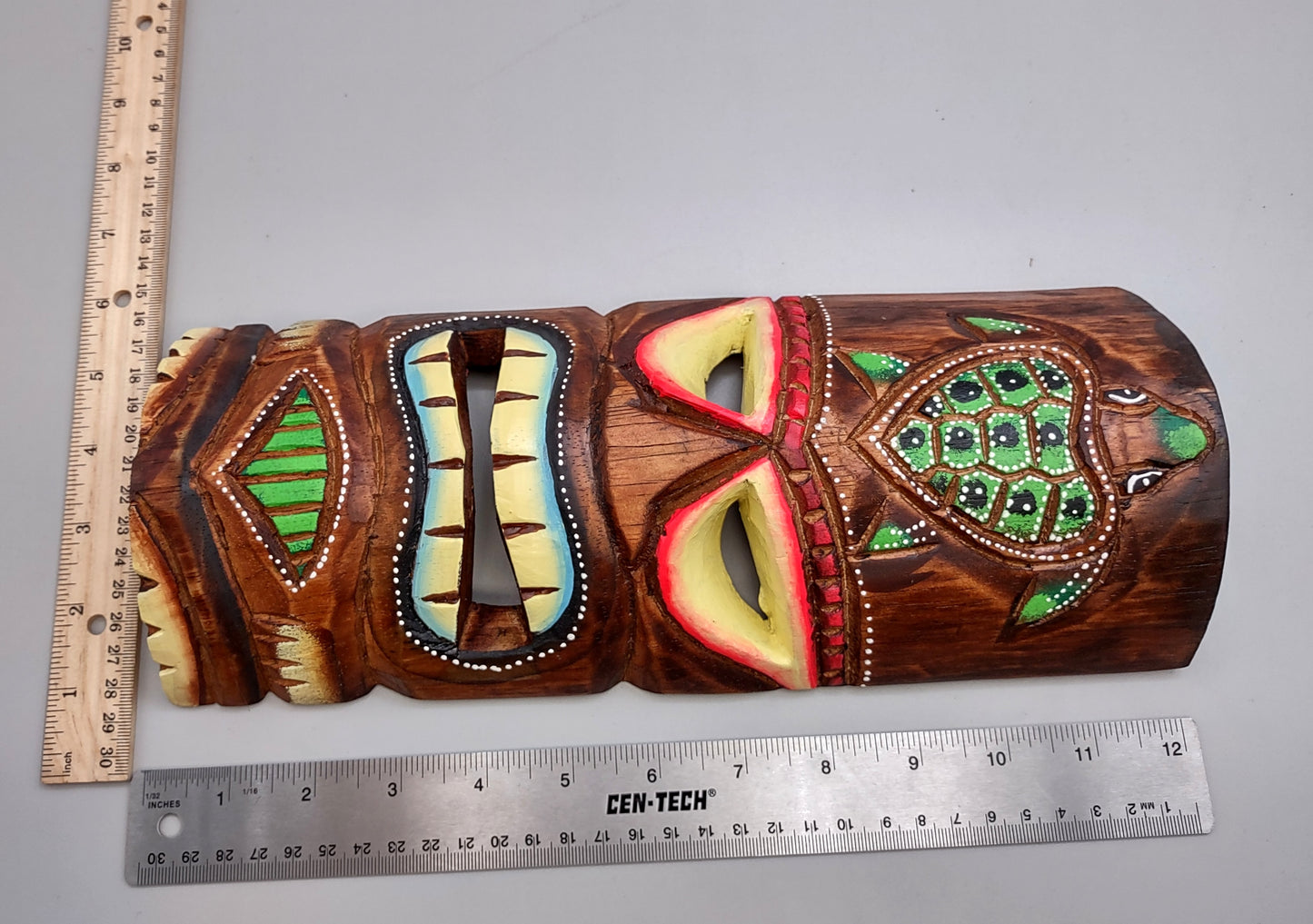 Tropical Tiki Mask Face Large Painted Wooden Turtle (1 mask approx. 12 inches tall) Colorful Painted Tiki Mask to hang in a seaside home!