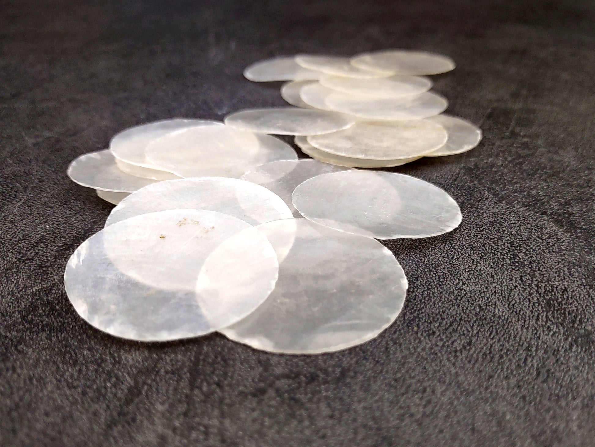 Capiz Round Cut Shells Placuna Placenta (10 approx. 1.5+ inches) Perfect shells for coastal crafting décor & collections! white translucent round thin sheets. Copyright 2024 SeaShellSupply.com
