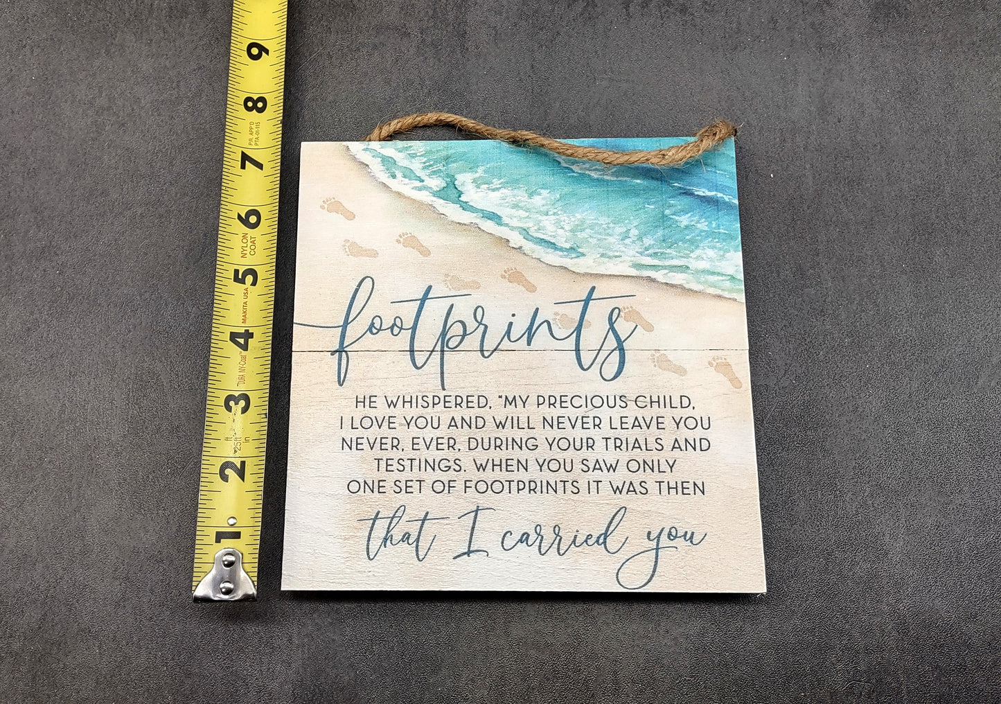 Beach Sign Footprints Poem Painted Wood (1 sign approx. 7x7 inches) Friendly ocean sign for coastal home wall decoration!