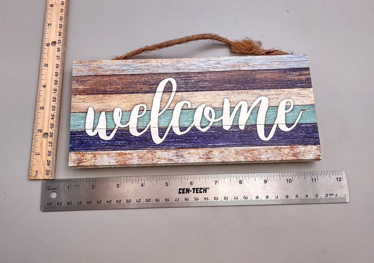Beach Sign Welcome Weathered Painted Wood (1 sign approx. 10 inches long) Friendly coastal home entryway multi color wall decoration!