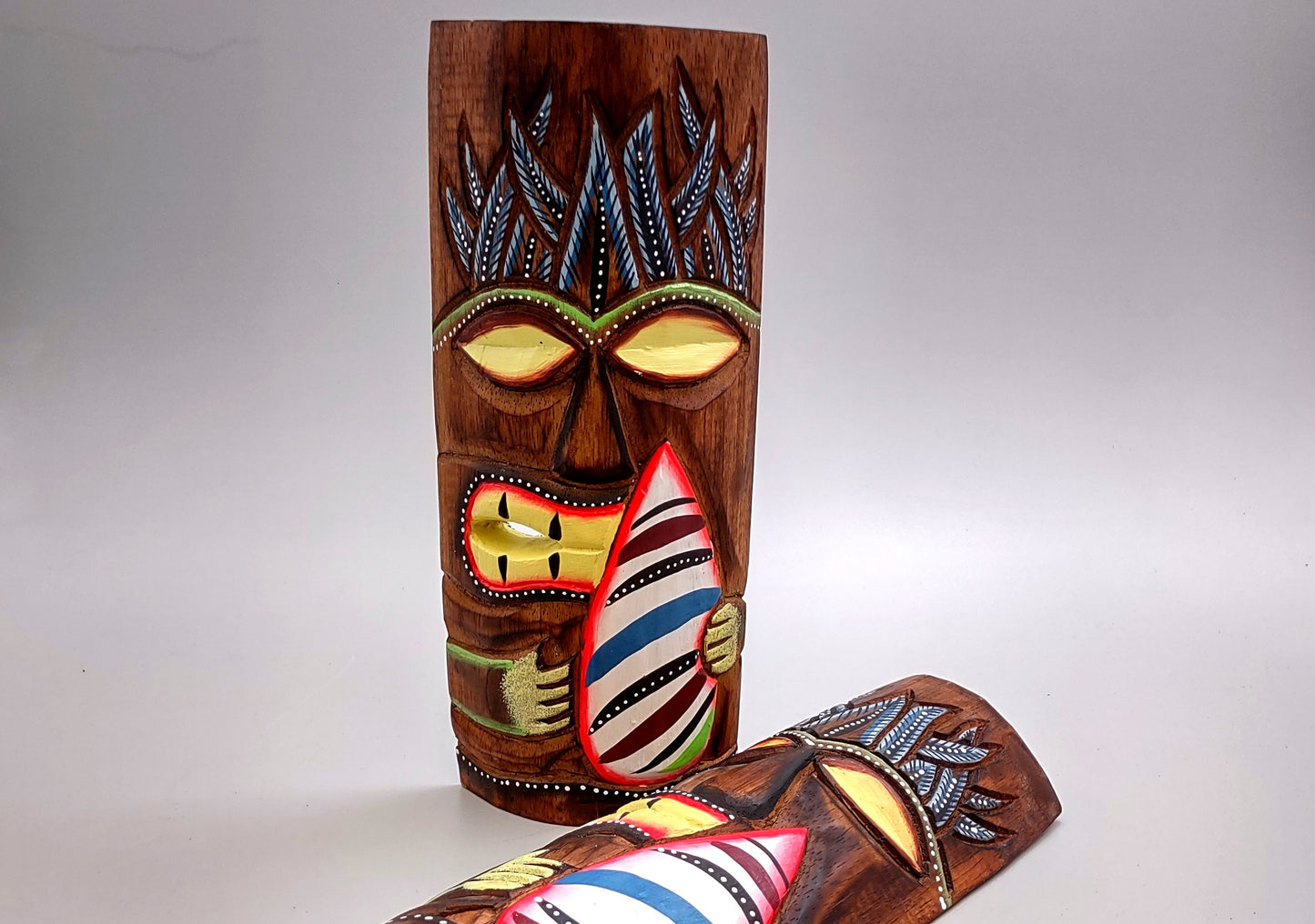 Tropical Tiki Mask Face Large Painted Wood White Surfboard (1 mask approx. 12 inches tall) Painted Tiki Mask hanging island home decoration!