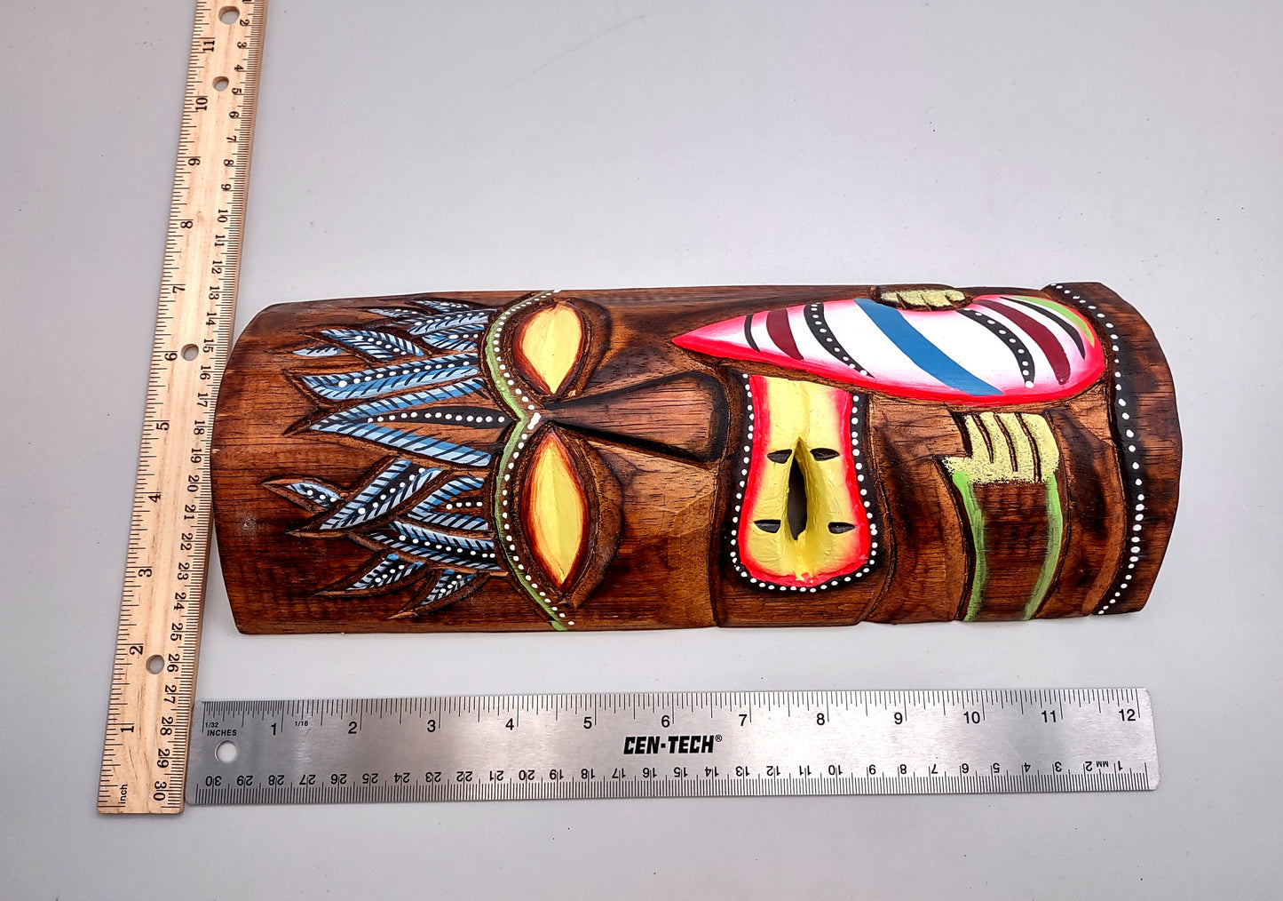 Tropical Tiki Mask Face Large Painted Wood White Surfboard (1 mask approx. 12 inches tall) Painted Tiki Mask hanging island home decoration!