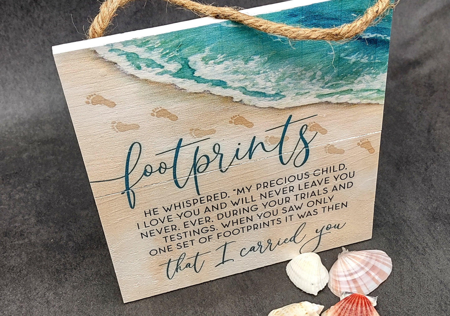 Beach Sign Footprints Poem Painted Wood (1 sign approx. 7x7 inches) Friendly ocean sign for coastal home wall decoration!