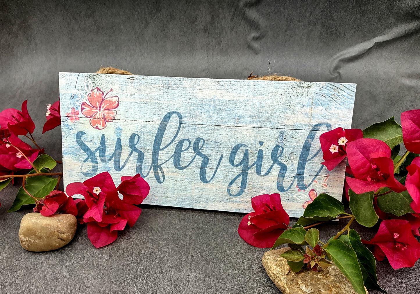 Beach Sign Surfer Girl Weathered Painted Wood (1 sign approx. 10 inches long) Friendly sign for coastal home entryway wall decoration!