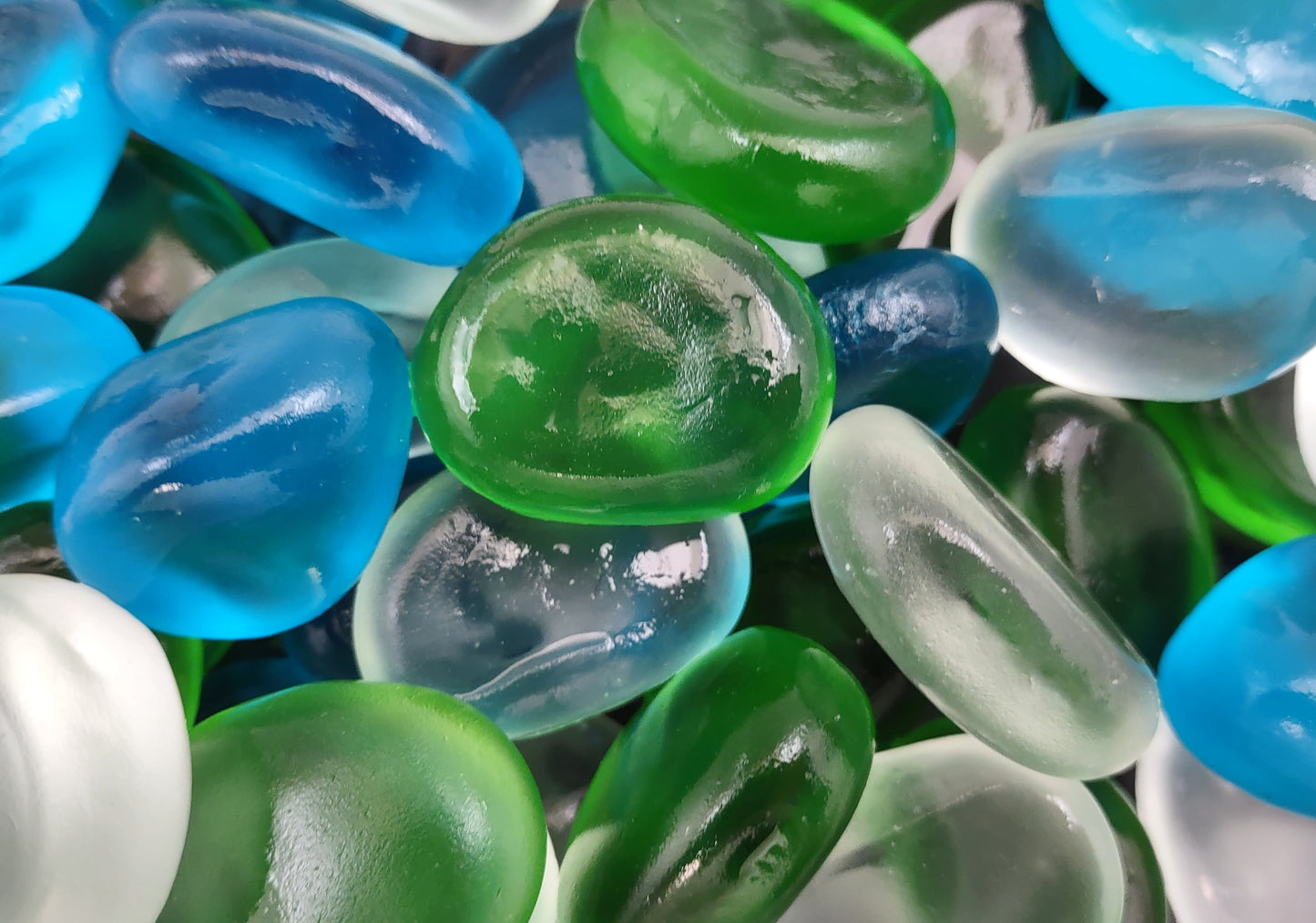 Sea Glass Blue Green White Assorted Frosted Tumbled Rounded Pebbles (approx. 10 pounds 1+ inch) Man Made Beach Glass mix for crafts & more!