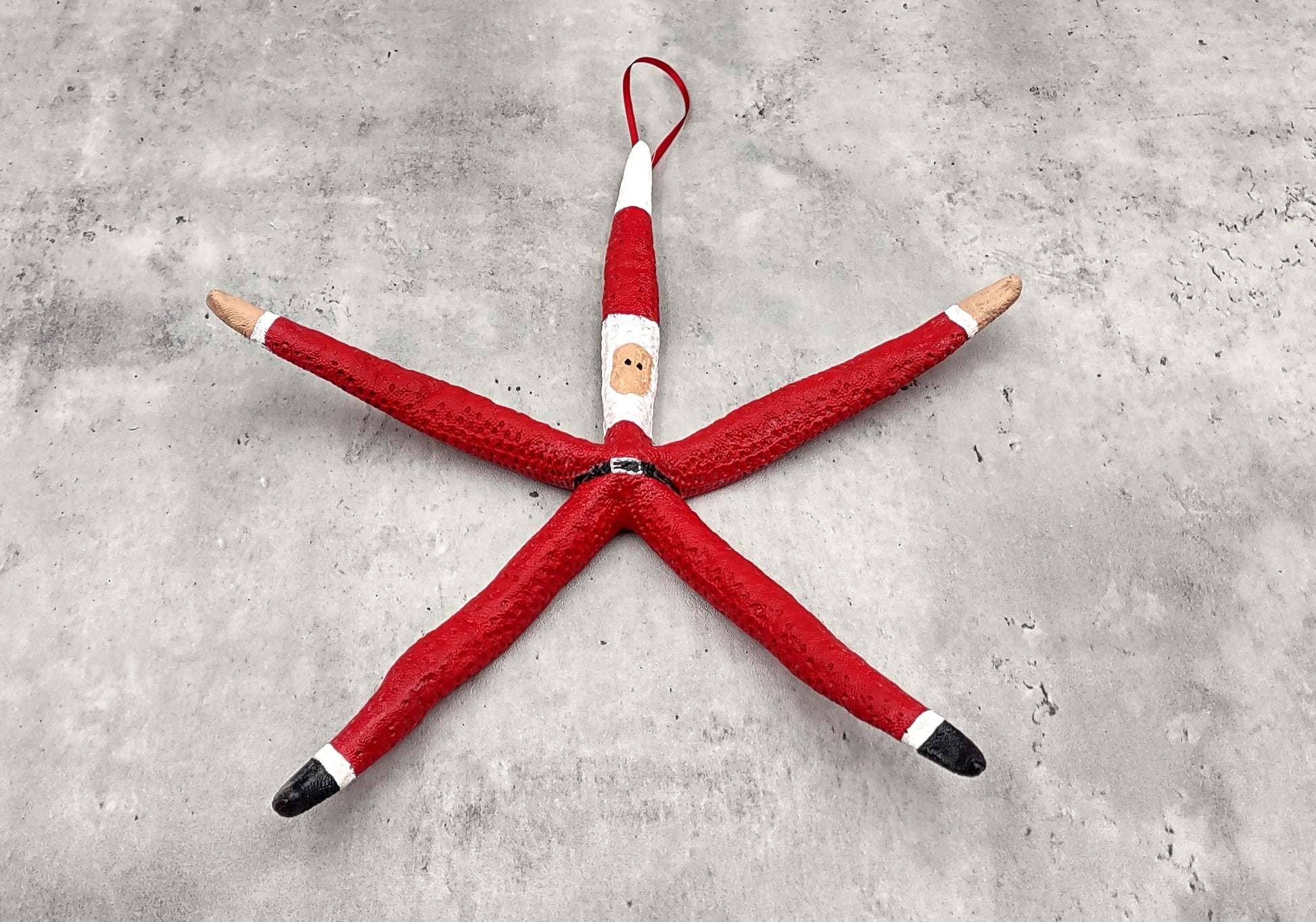 Red Linckia Starfish Santa Claus Ornament (1 seastar approx. 10-12 inches) Painted Santa Claus Starfish Ornament For Coastal Beach Christmas. Copyright 2023 SeaShellSupply.com.