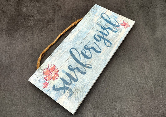 Beach Sign Surfer Girl Weathered Painted Wood (1 sign approx. 10 inches long) Friendly sign for coastal home entryway wall decoration!