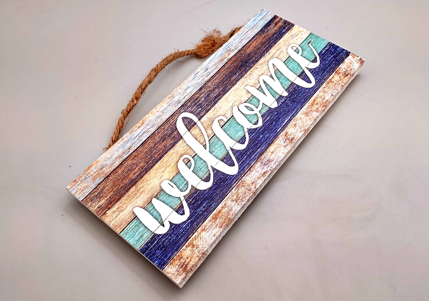 Beach Sign Welcome Weathered Painted Wood (1 sign approx. 10 inches long) Friendly coastal home entryway multi color wall decoration!