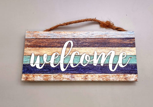 Beach Sign Welcome Weathered Painted Wood (1 sign approx. 10 inches long) Friendly coastal home entryway multi color wall decoration!