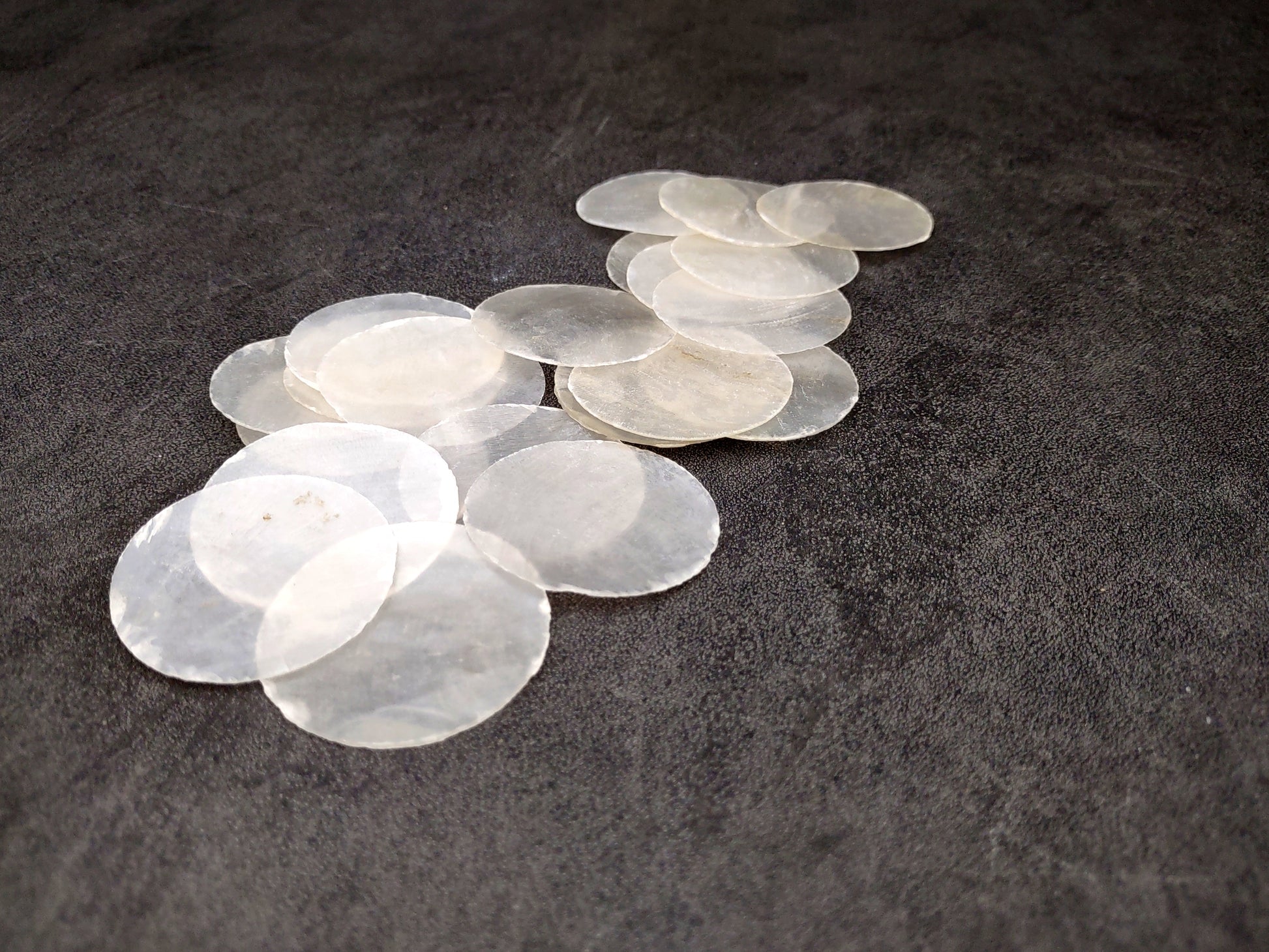 Capiz Round Cut Shells Placuna Placenta (10 approx. 1.5+ inches) Perfect shells for coastal crafting décor & collections! white translucent round thin sheets. Copyright 2024 SeaShellSupply.com