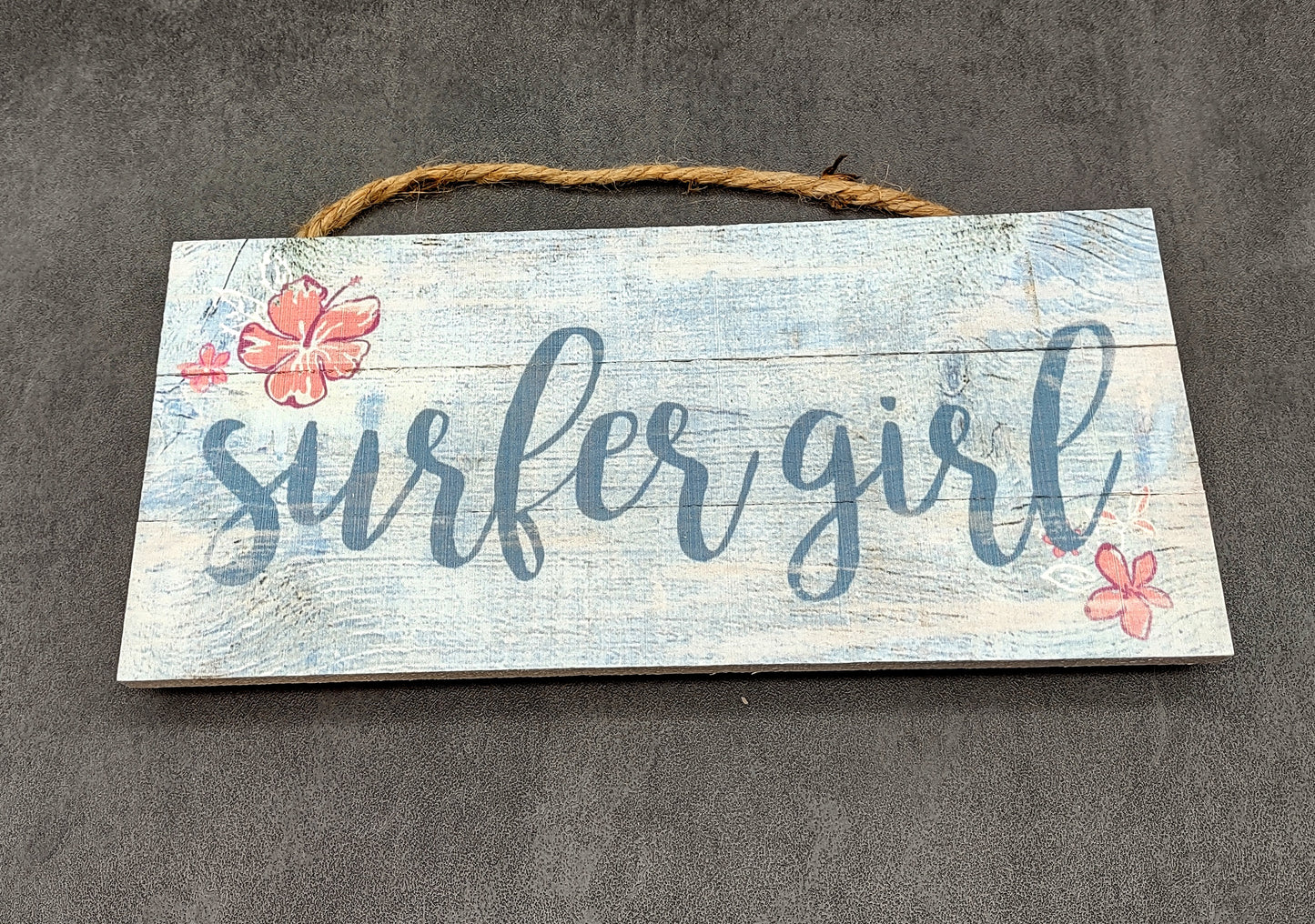 Beach Sign Surfer Girl Weathered Painted Wood (1 sign approx. 10 inches long) Friendly sign for coastal home entryway wall decoration!
