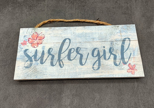Beach Sign Surfer Girl Weathered Painted Wood (1 sign approx. 10 inches long) Friendly sign for coastal home entryway wall decoration!