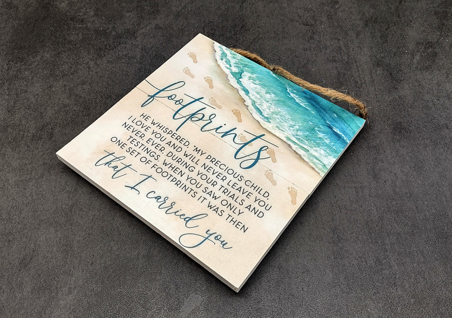 Beach Sign Footprints Poem Painted Wood (1 sign approx. 7x7 inches) Friendly ocean sign for coastal home wall decoration!