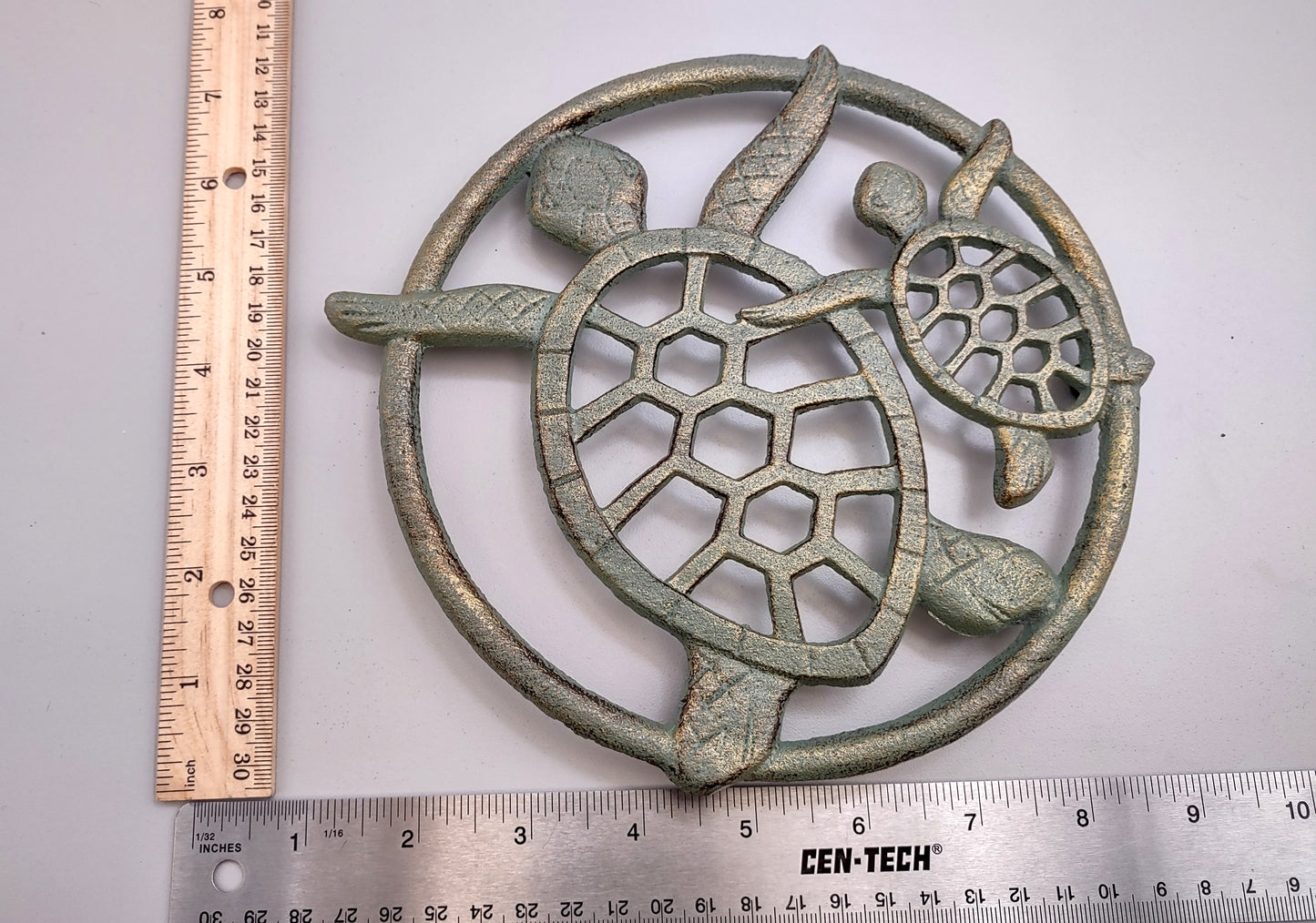 Sea Turtle Trivet Cast Iron Green Gold Weathered Hot Pad (1 trivet approx. 7 inches) Green Sea Turtle Pair Trivet for coastal dining table!