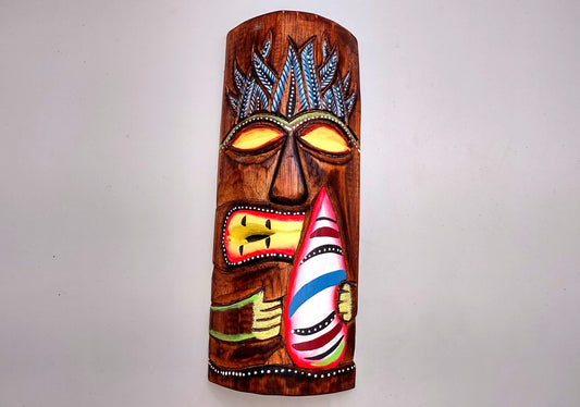 Tropical Tiki Mask Face Large Painted Wood White Surfboard (1 mask approx. 12 inches tall) Painted Tiki Mask hanging island home decoration!