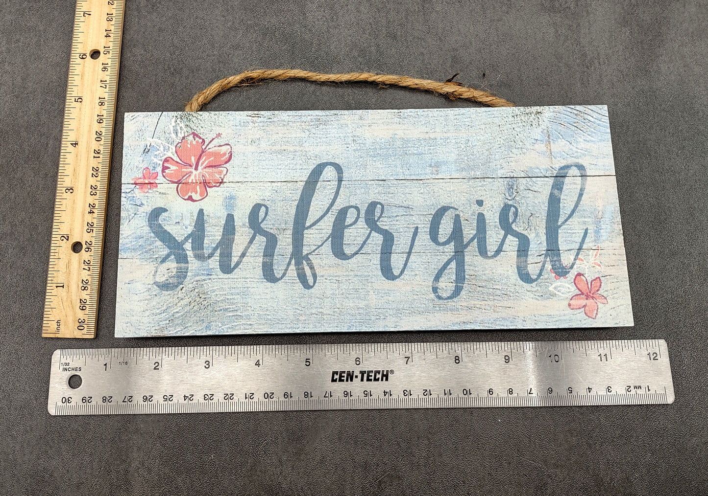 Beach Sign Surfer Girl Weathered Painted Wood (1 sign approx. 10 inches long) Friendly sign for coastal home entryway wall decoration!