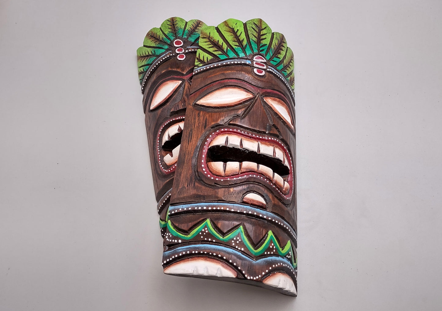 Tropical Tiki Mask Face Large Painted Wood Palm Crown (1 mask approx. 12 inches tall) Painted Tiki Mask hanging surfside home decoration!