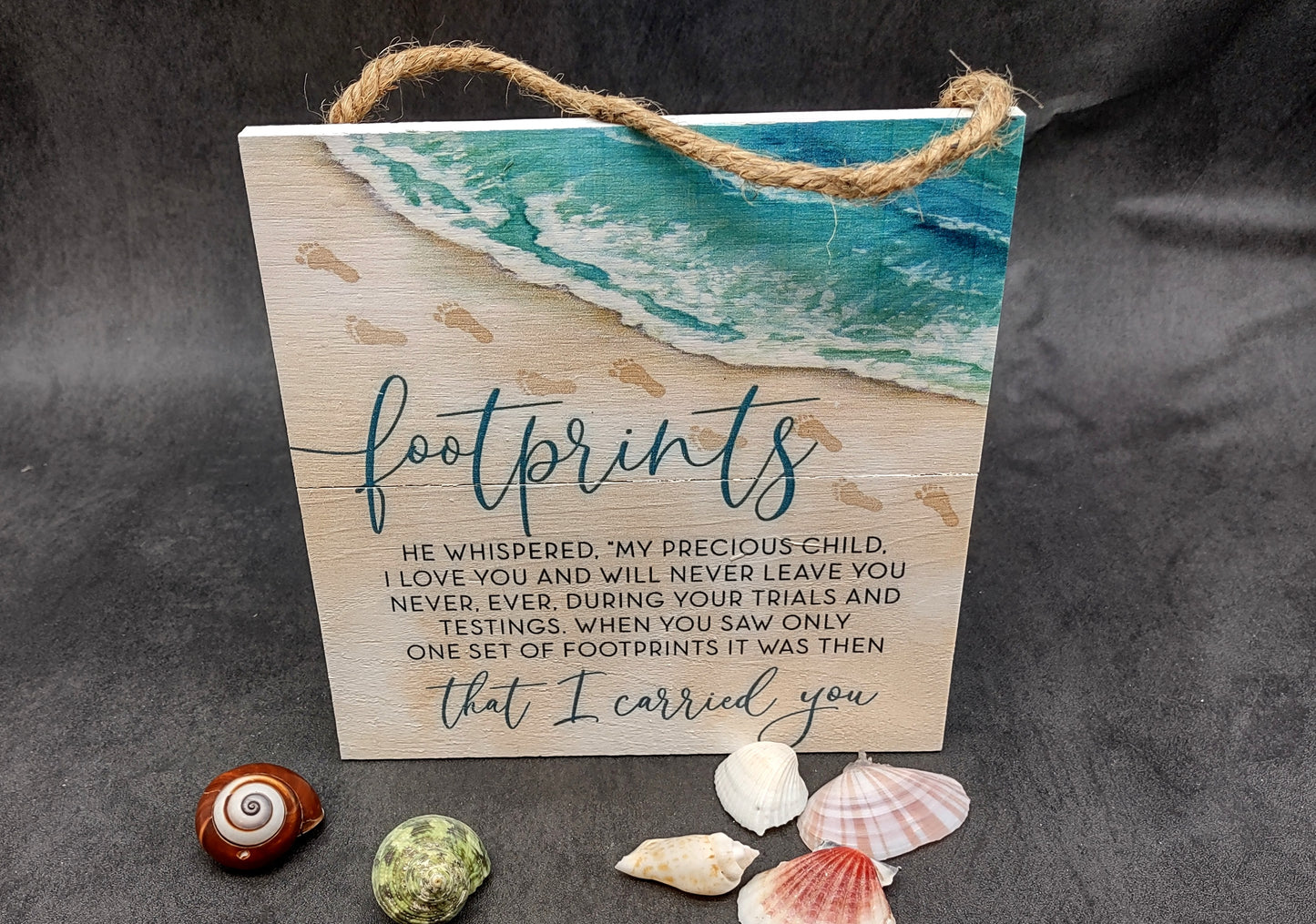 Beach Sign Footprints Poem Painted Wood (1 sign approx. 7x7 inches) Friendly ocean sign for coastal home wall decoration!