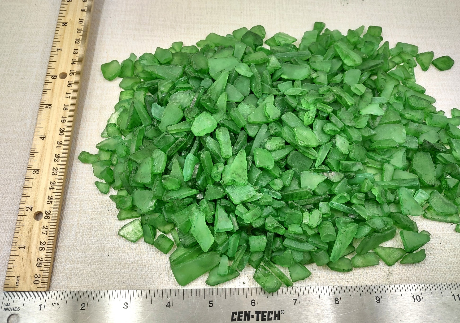 Beach Sea Glass Rough Dark Green Medium Tumbled (approx. 1 kilogram 0.5-1+ inches) Man made frosted sea glass fragments Copyright 2024 seashellsupply.com