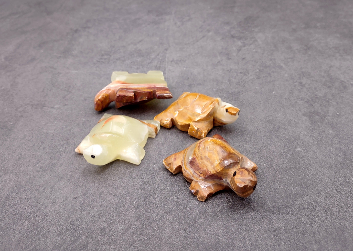 Onyx Turtle Figurine Carved Stone (1 turtle approx. 2 inches long) Colorful Carved Quartz Turtle Figurine for coastal home shelf decor!
