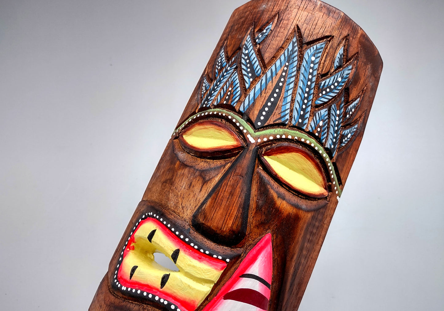 Tropical Tiki Mask Face Large Painted Wood White Surfboard (1 mask approx. 12 inches tall) Painted Tiki Mask hanging island home decoration!