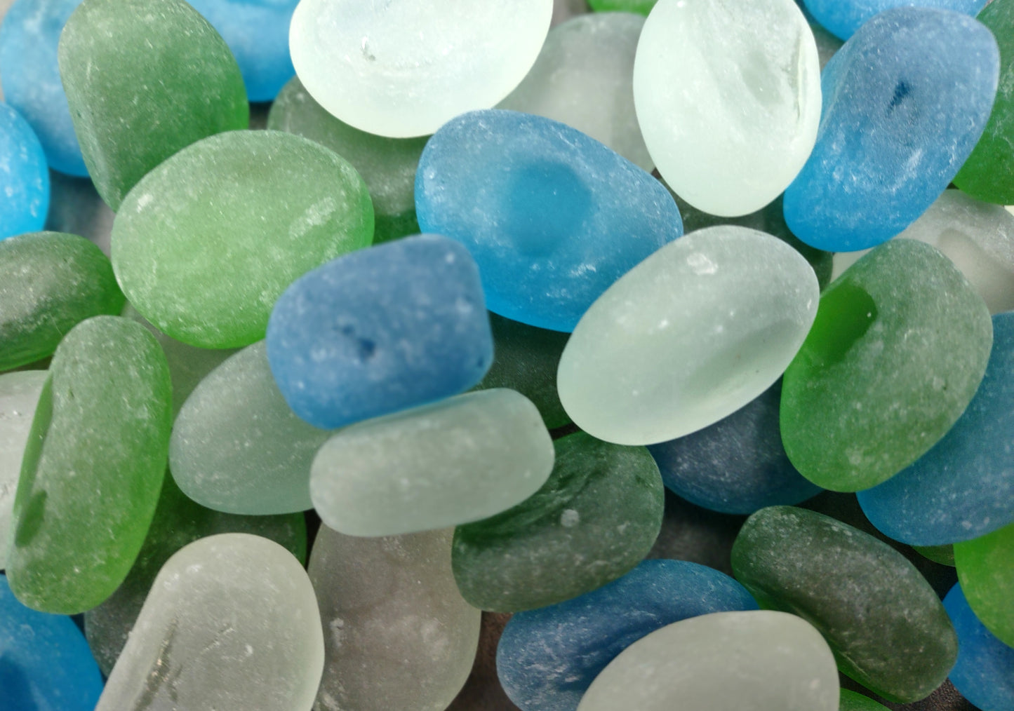 Sea Glass Blue Green White Assorted Frosted Tumbled Rounded Pebbles (approx. 10 pounds 1+ inch) Man Made Beach Glass mix for crafts & more!