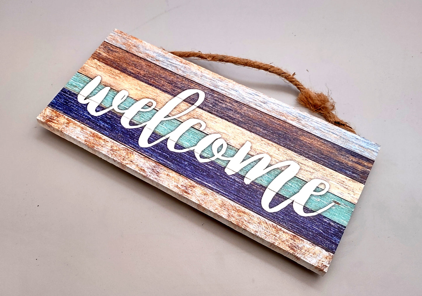 Beach Sign Welcome Weathered Painted Wood (1 sign approx. 10 inches long) Friendly coastal home entryway multi color wall decoration!