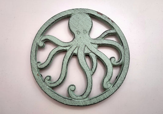 Octopus Trivet Cast Iron Green Weathered Hot Pad (1 trivet approx. 7 inch diameter) Green Metal Octopus Trivet for coastal dining table!