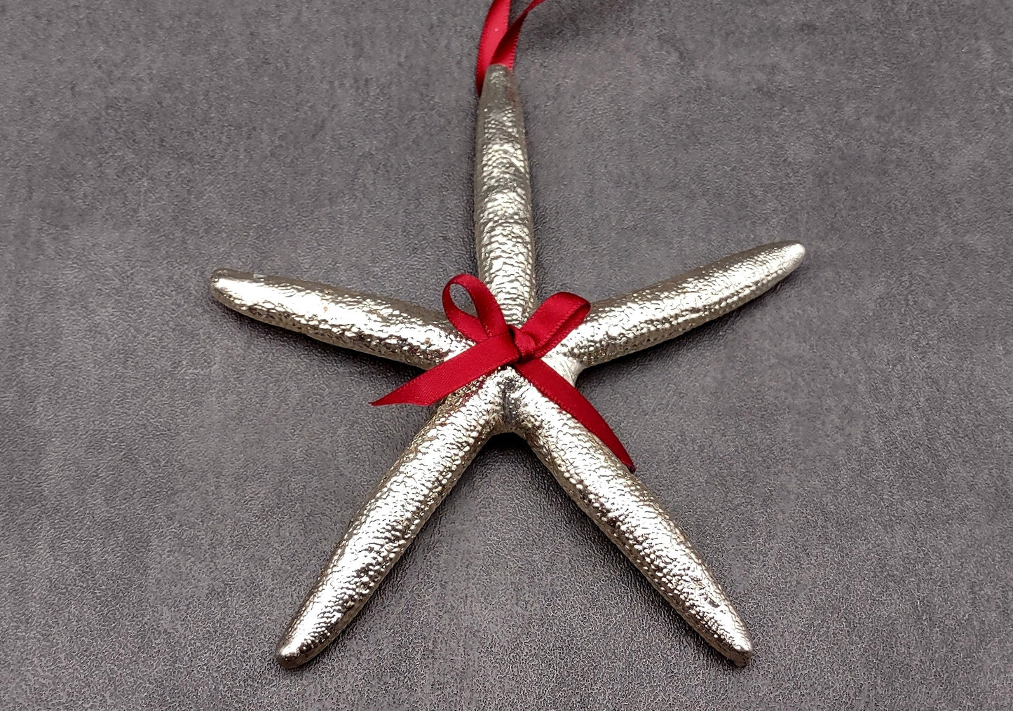 Silver Dipped Starfish Xmas Ornament (1 seastar approx. 5+ inches) Real Starfish Silver Christmas Ornament for seashell holiday gifting joy!