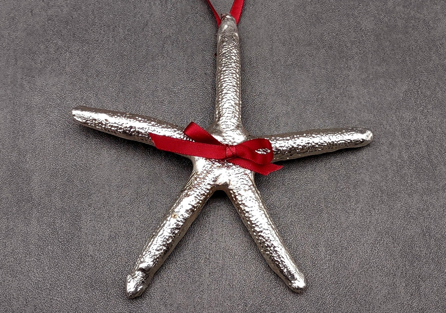 Silver Dipped Starfish Xmas Ornament (1 seastar approx. 5+ inches) Real Starfish Silver Christmas Ornament for seashell holiday gifting joy!