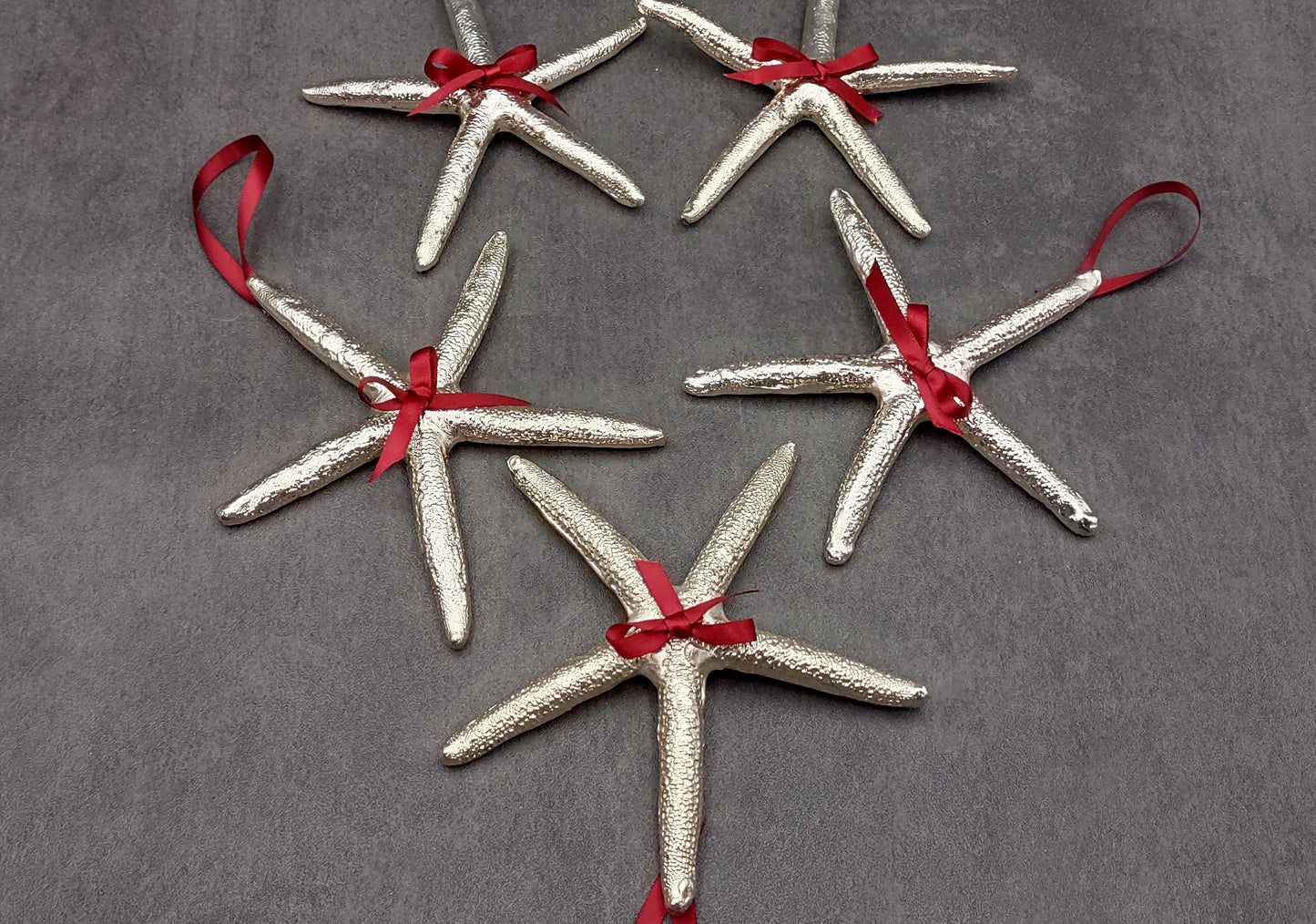 Silver Dipped Starfish Xmas Ornament (1 seastar approx. 5+ inches) Real Starfish Silver Christmas Ornament for seashell holiday gifting joy!