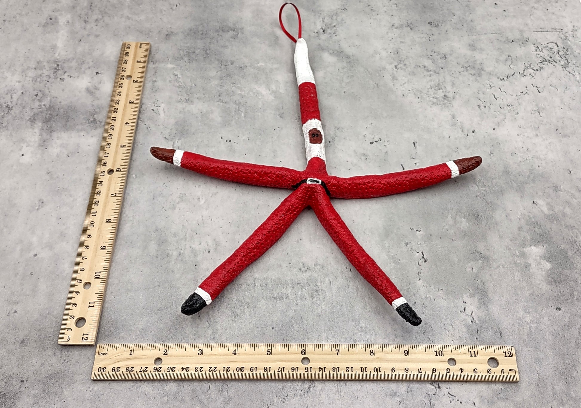 Red Linckia Starfish Black Santa Claus Ornament (1 star approx. 10-11+ inches) Painted Black Santa Claus Starfish Ornament For Christmas  Copyright 2023 SeaShellSupply.com.