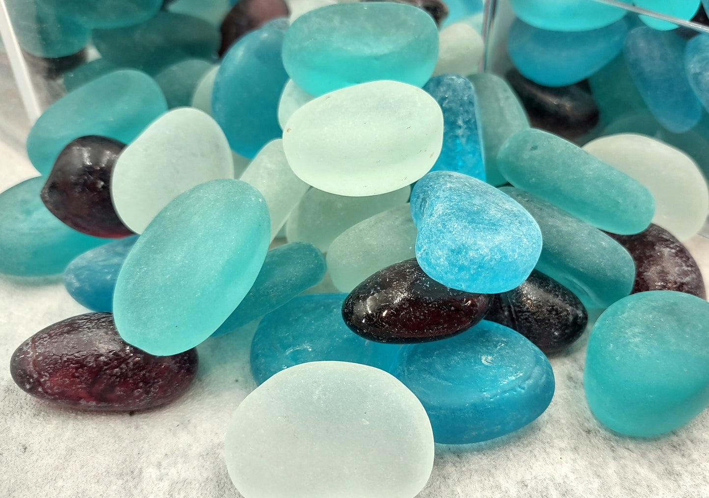 Sea Glass Blue Purple White Assorted Frosted Tumbled Rounded Pebbles (approx. 1 kilogram 1+ inches) Man Made Beach Glass for crafts & more!