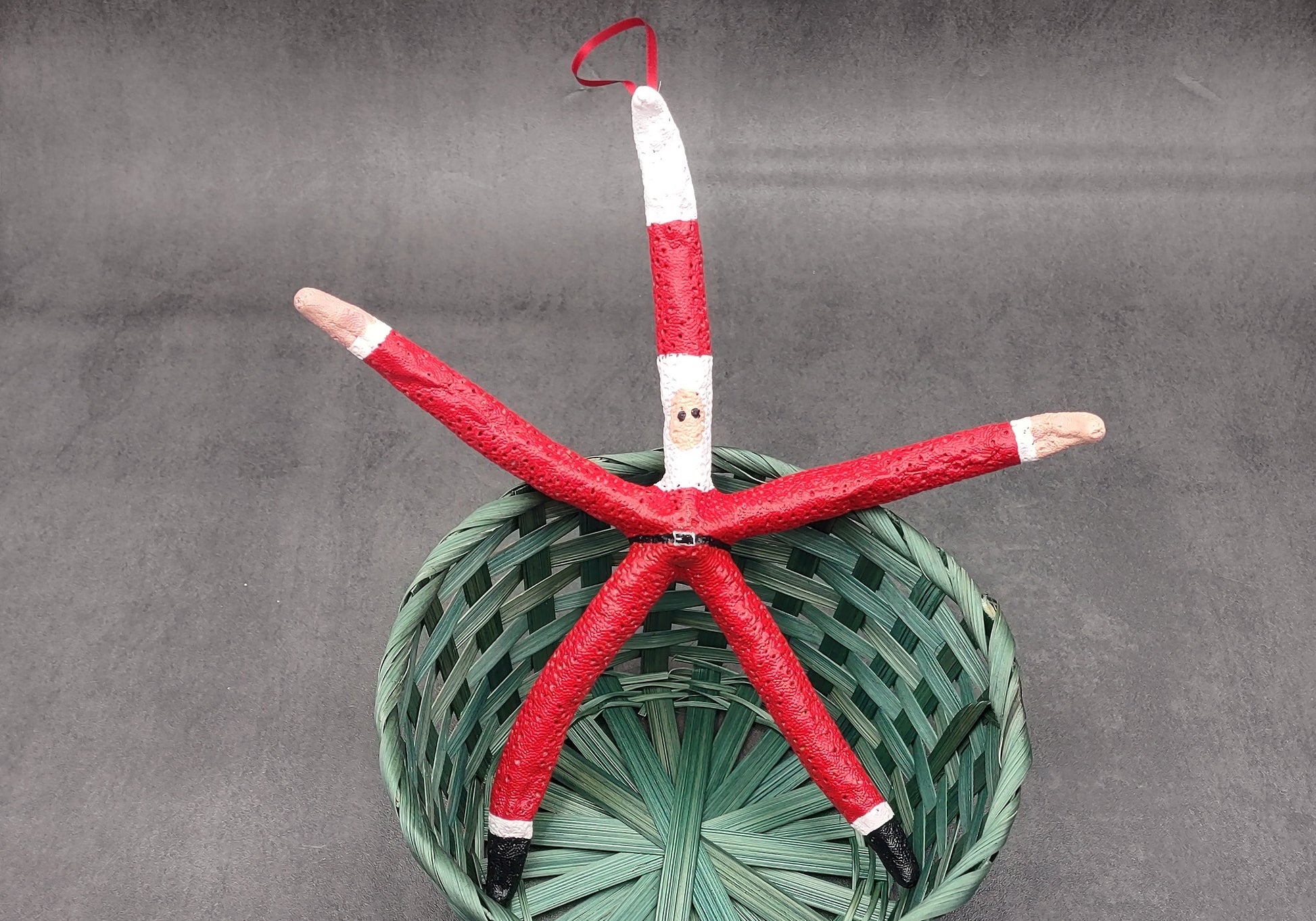 Red Linckia Starfish Santa Claus Ornament (1 seastar approx. 10-12 inches) Painted Santa Claus Starfish Ornament For Coastal Beach Christmas. Copyright 2023 SeaShellSupply.com.