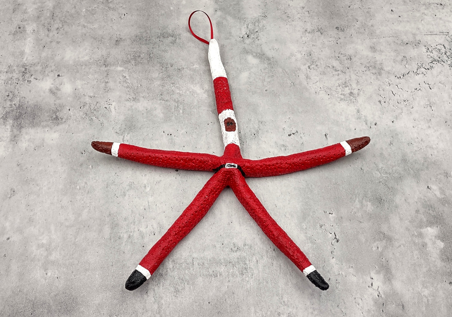 Red Linckia Starfish Black Santa Claus Ornament (1 star approx. 10-11+ inches) Painted Black Santa Claus Starfish Ornament For Christmas  Copyright 2023 SeaShellSupply.com.