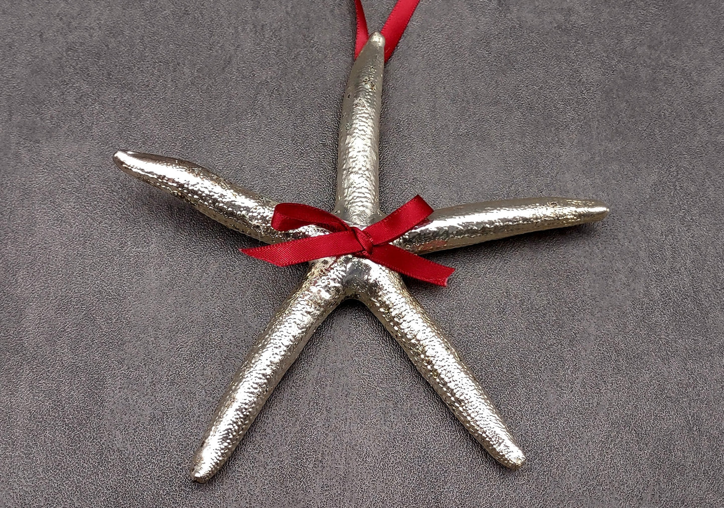Silver Dipped Starfish Xmas Ornament (1 seastar approx. 5+ inches) Real Starfish Silver Christmas Ornament for seashell holiday gifting joy!