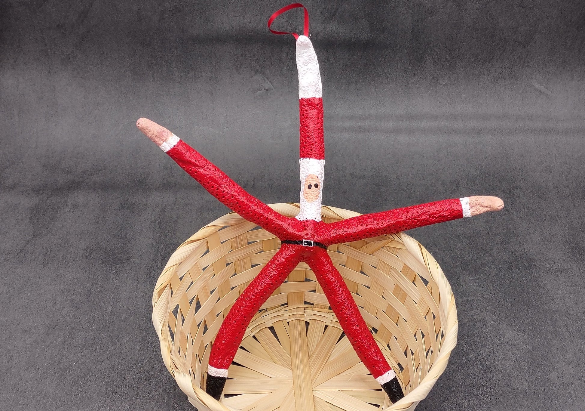 Red Linckia Starfish Santa Claus Ornament (1 seastar approx. 10-12 inches) Painted Santa Claus Starfish Ornament For Coastal Beach Christmas. Copyright 2023 SeaShellSupply.com.