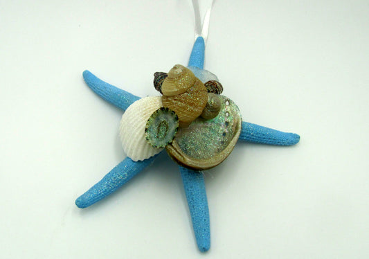 Frosted Seaglass Blue Starfish Ornament (1 star approx. 4-6 inches) on white background. Copyright 2022 SeaShellSupply.com.