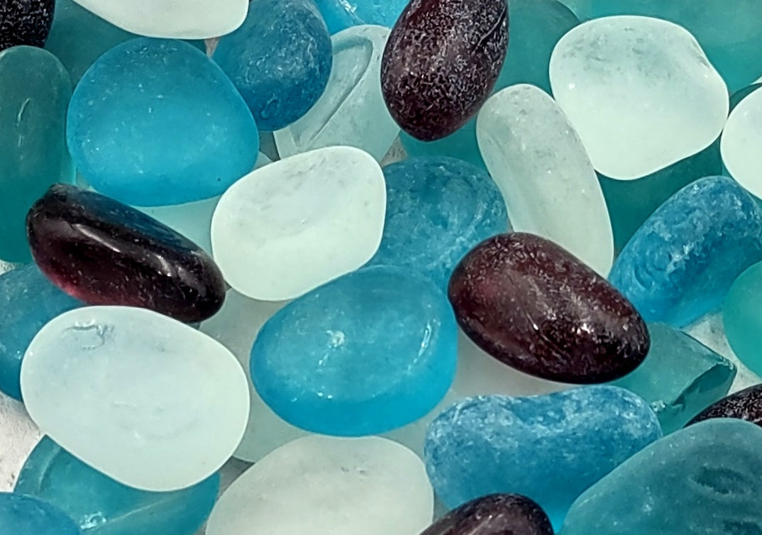 Sea Glass Blue Purple White Assorted Frosted Tumbled Rounded Pebbles (approx. 1 kilogram 1+ inches) Man Made Beach Glass for crafts & more!