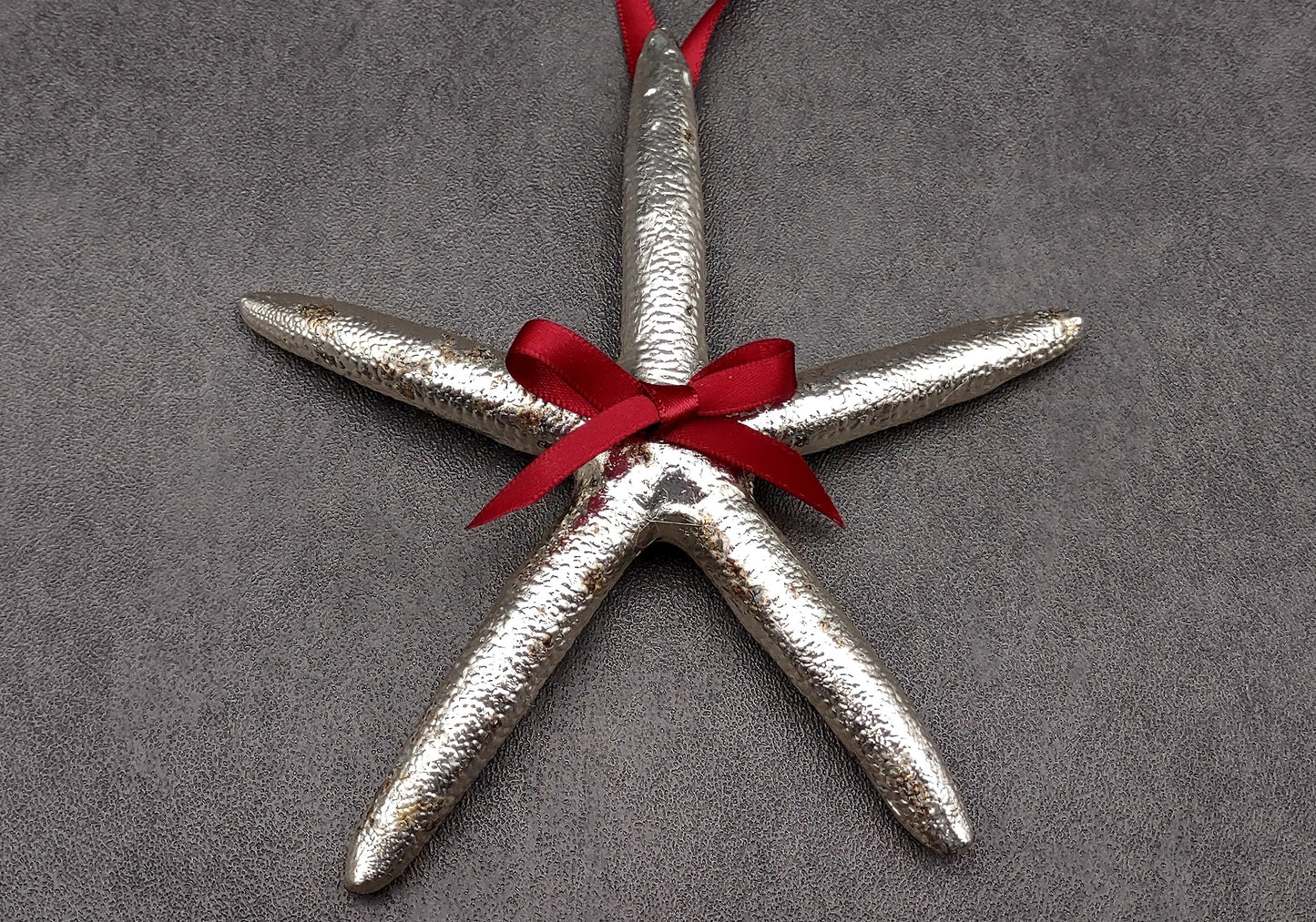Silver Dipped Starfish Xmas Ornament (1 seastar approx. 5+ inches) Real Starfish Silver Christmas Ornament for seashell holiday gifting joy!