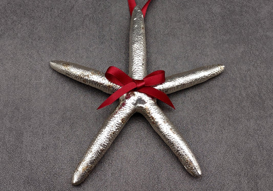 Silver Dipped Starfish Xmas Ornament (1 seastar approx. 5+ inches) Real Starfish Silver Christmas Ornament for seashell holiday gifting joy!