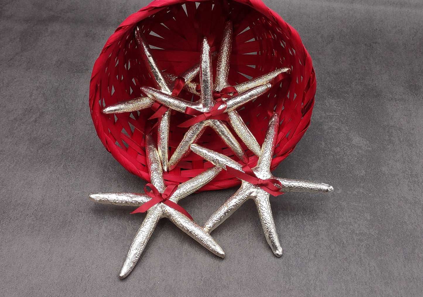 Silver Dipped Starfish Xmas Ornament (1 seastar approx. 5+ inches) Real Starfish Silver Christmas Ornament for seashell holiday gifting joy!